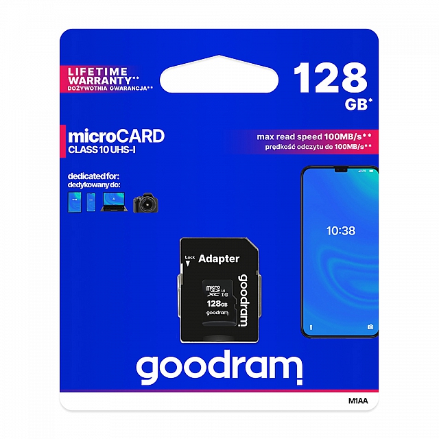 KARTA PAMIĘCI GOODRAM MICRO SD 128GB Z ADAPTEREM 10 CLASS UHS I M1AA-1280R12