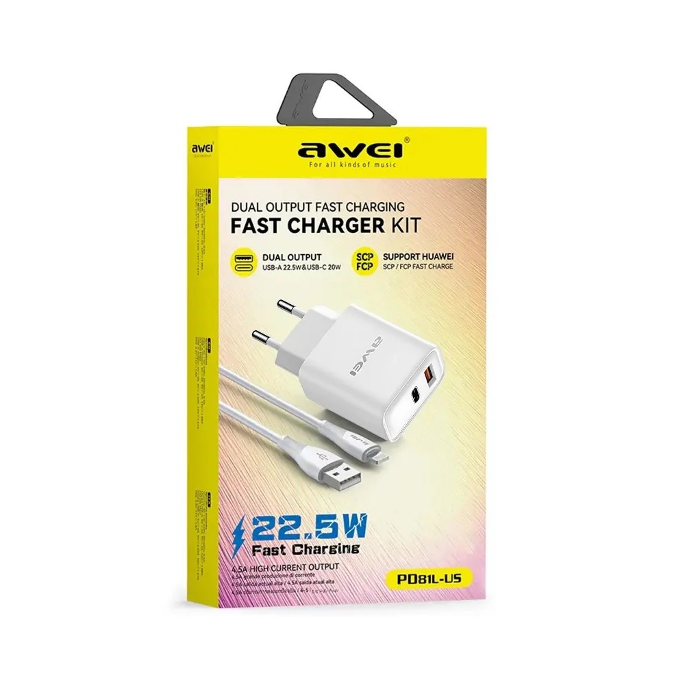 Photo num 2 - TRAVEL CHARGER AWEI PD81 USB + USB-C PD20W + QC3.0 + LIGHTNING CABLE Photo num 2 - TRAVEL CHARGER AWEI PD81 USB + USB-C PD20W + QC3.0 + LIGHTNING CABLE